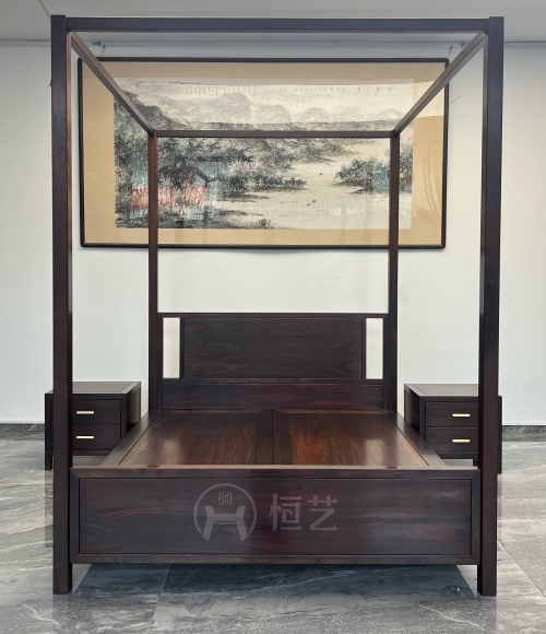 新中式架子床配床头柜  老挝大红酸枝