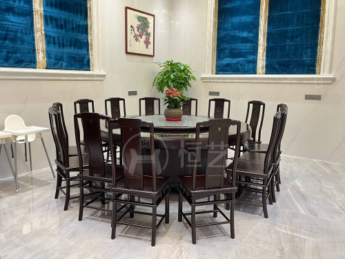 新明式圆台配三号明式餐椅15件套  大黑檀